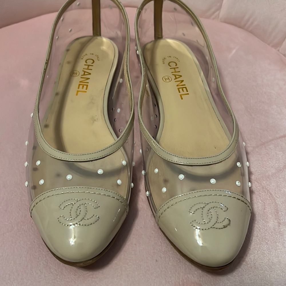 Chanel PVC Patent Calfskin Pearl Cap Toe Ballerina Flats 40.5 Transparent Nude
